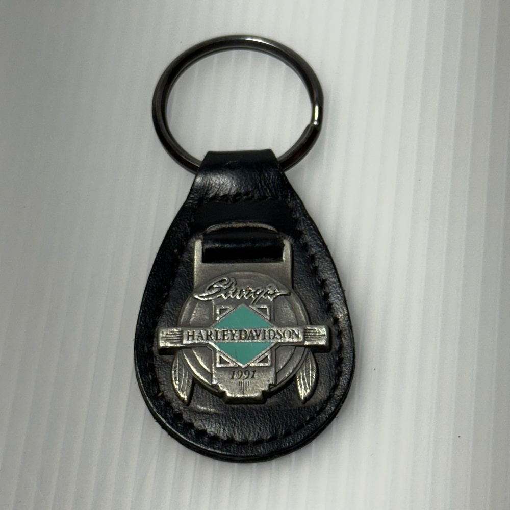 Vintage Harley Davidson Sturgis Keychain Turquoise Diamond CowHide Backing